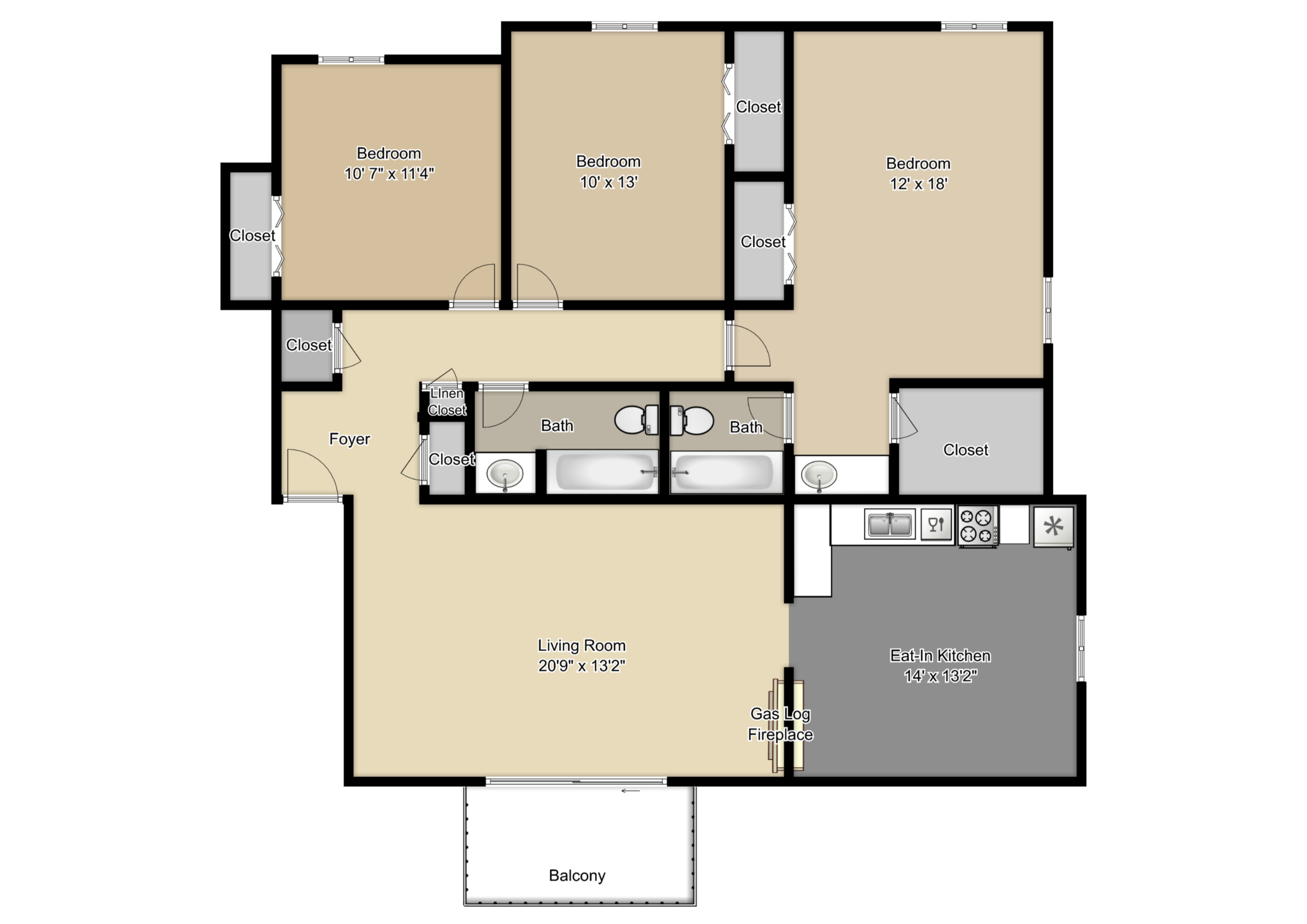 Floor plan for 3 beds, 2 baths, 1384 sqft